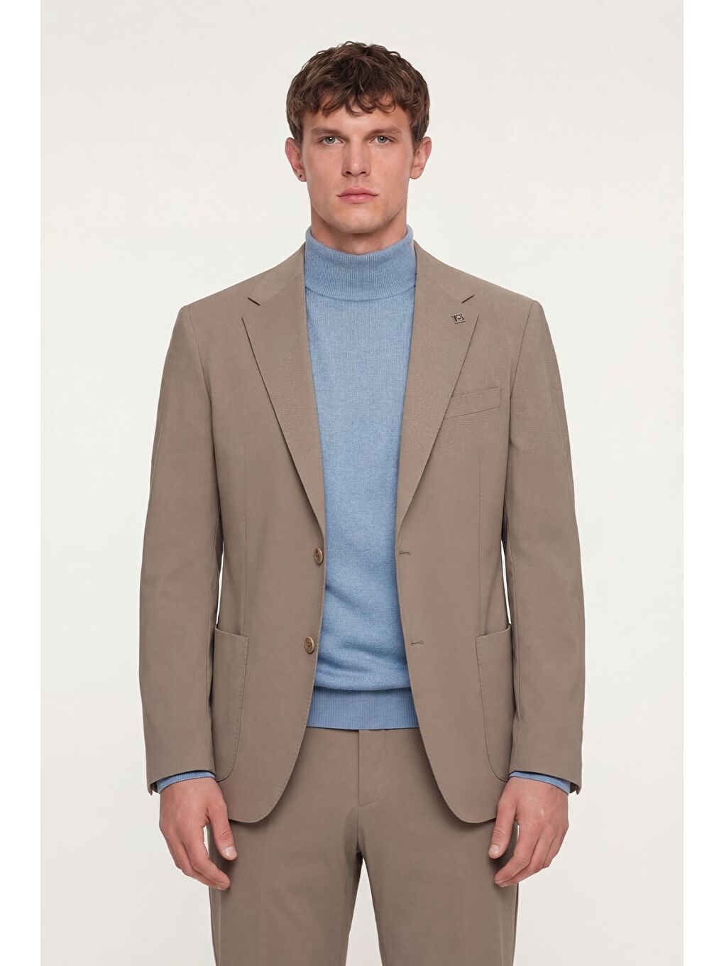Bej Erkek Vizon Normal Kesim Regular Fit Dokuma Torba Cep Çift Yırtmaçlı Mono Yaka 6 Drop Takım Elbise