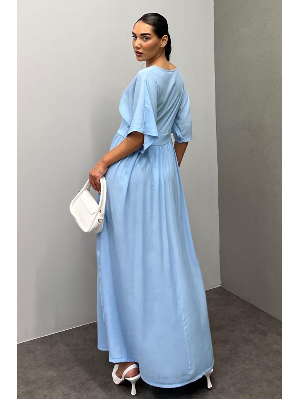 Bebe Mavisi V Yaka Düğmeli Elbise Mg2339-5