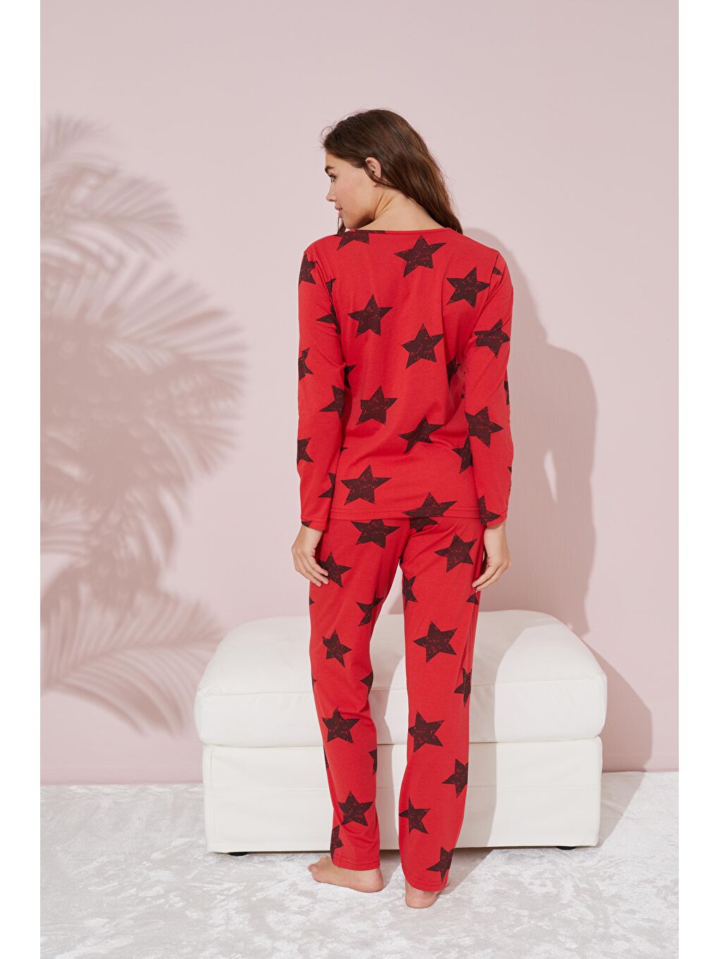 Kırmızı Siyah Yıldız Desenli Pamuklu Pijama Takımı-2
