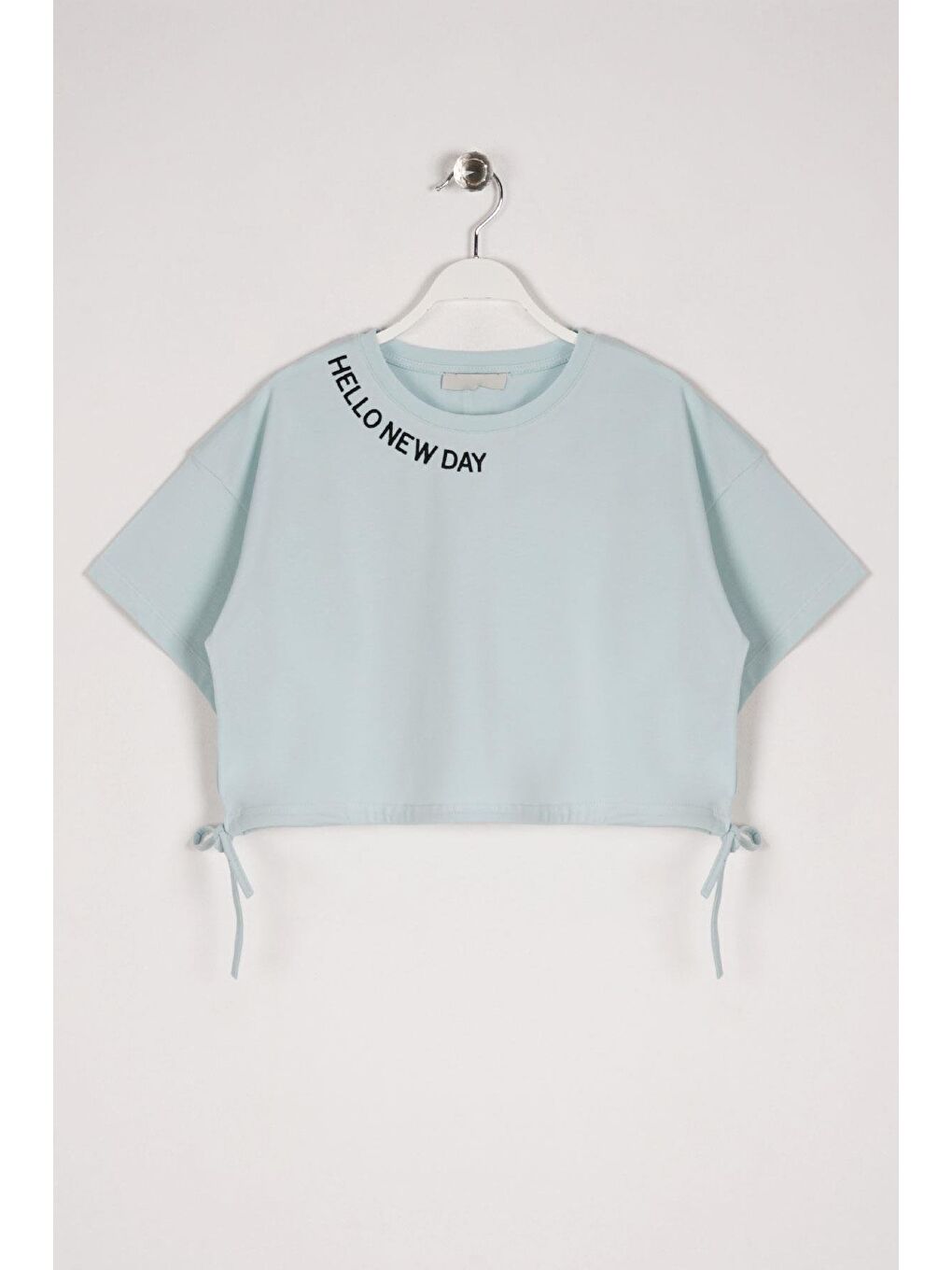 Yeşil Bisiklet Yaka Kısa Kol Hello New Day Yazılı Mint Renk Kız Çocuk Tshirt