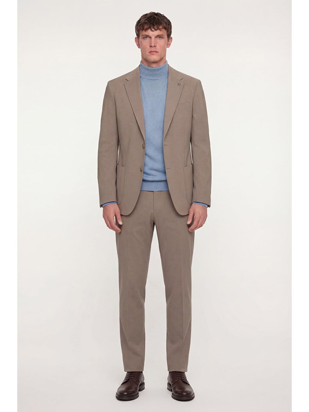 Bej Erkek Vizon Normal Kesim Regular Fit Dokuma Torba Cep Çift Yırtmaçlı Mono Yaka 6 Drop Takım Elbise-1