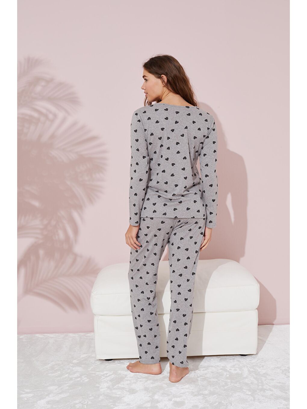 Gri Kalp Desenli Pamuklu Pijama Takımı-2