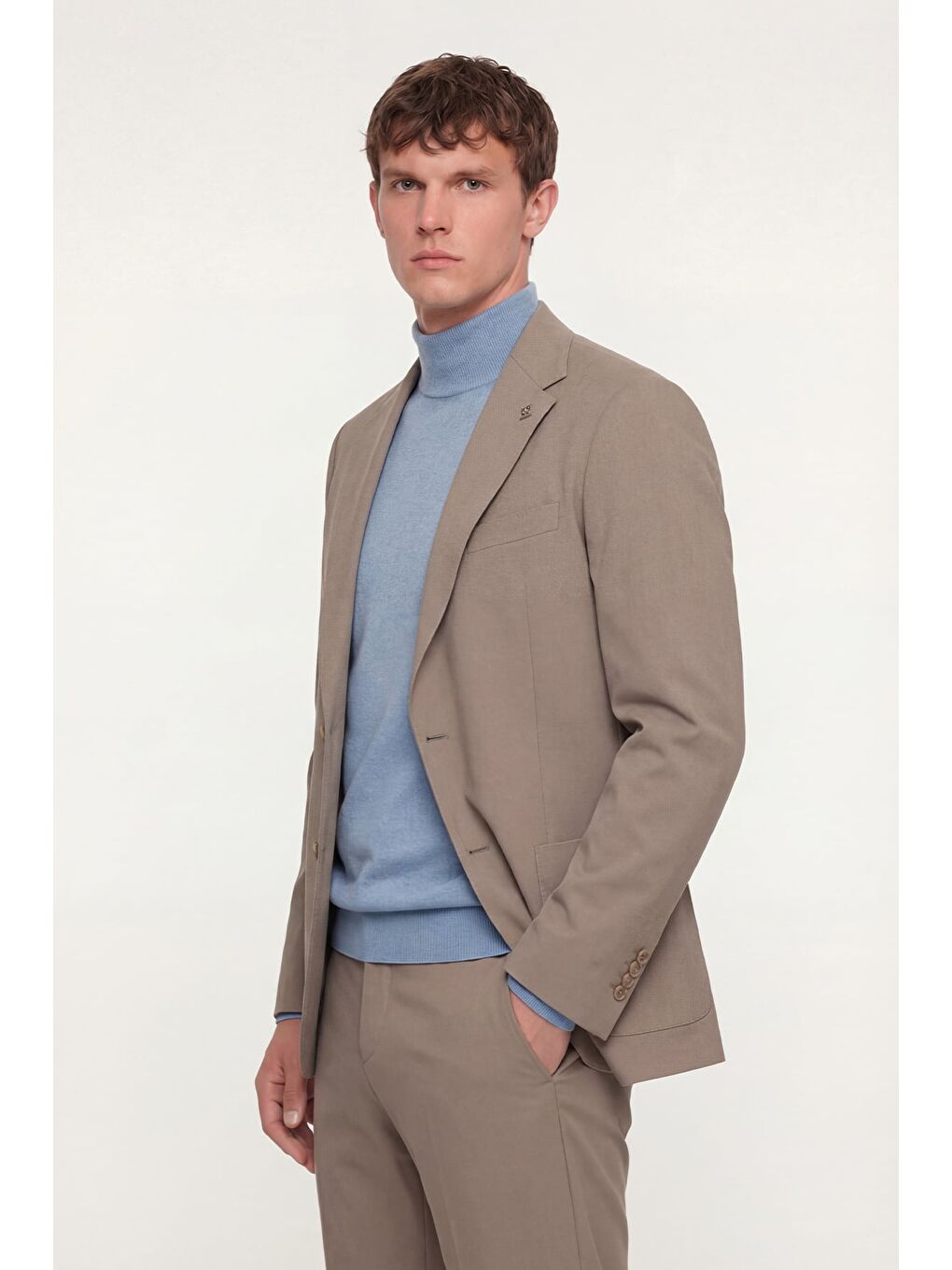 Bej Erkek Vizon Normal Kesim Regular Fit Dokuma Torba Cep Çift Yırtmaçlı Mono Yaka 6 Drop Takım Elbise-2