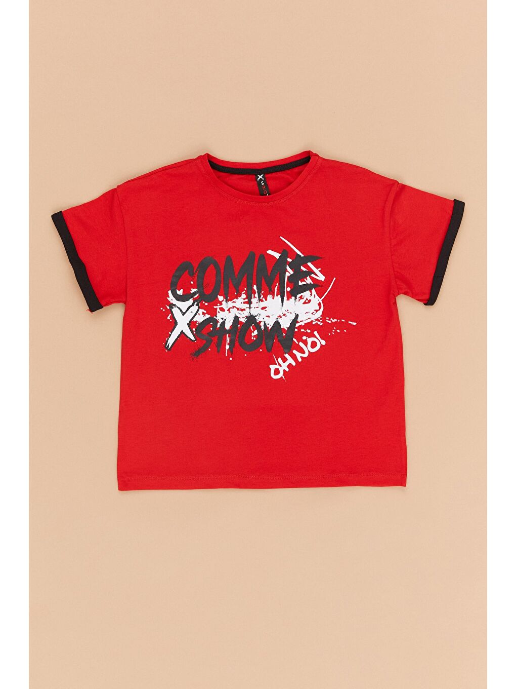 Kırmızı Comme Baskılı Bisiklet Yaka Çocuk Tişört