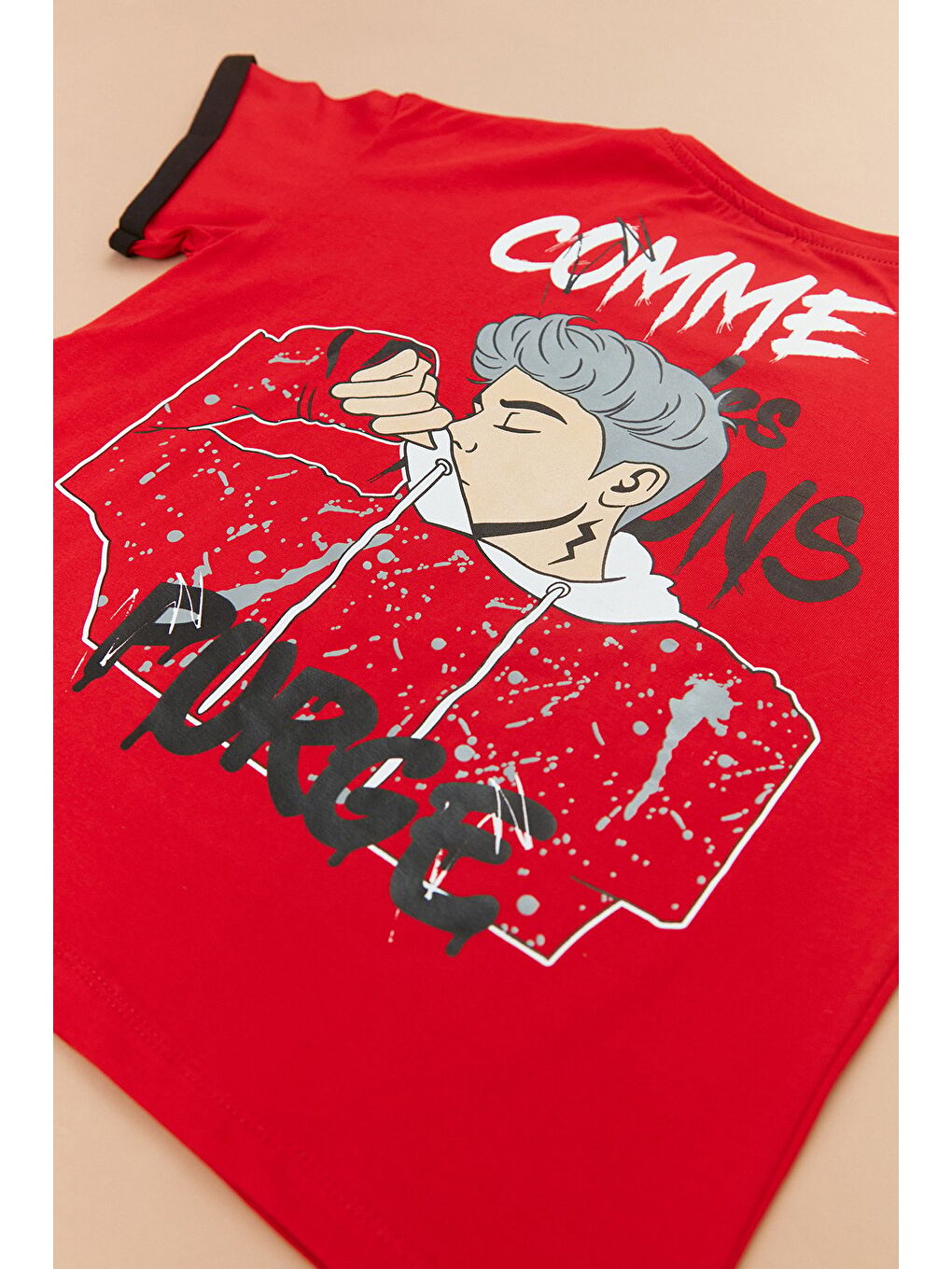 Kırmızı Comme Baskılı Bisiklet Yaka Çocuk Tişört-2