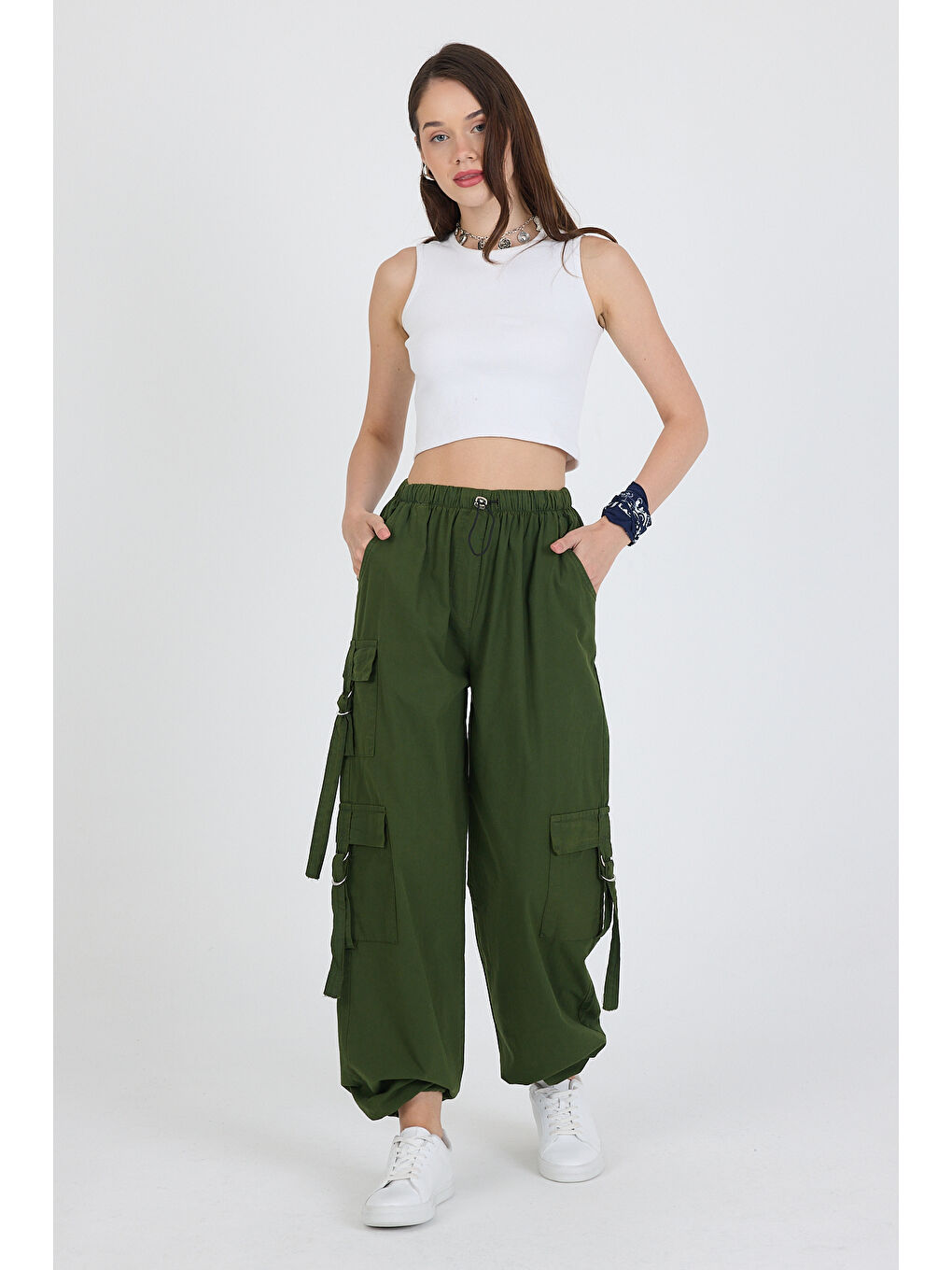 Haki Beli Lastikli 3 Cep Tokalı pamuk Kargo Cep Kadın Pantolon 1447