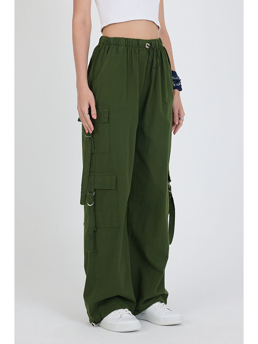 Haki Beli Lastikli 3 Cep Tokalı pamuk Kargo Cep Kadın Pantolon 1447-1