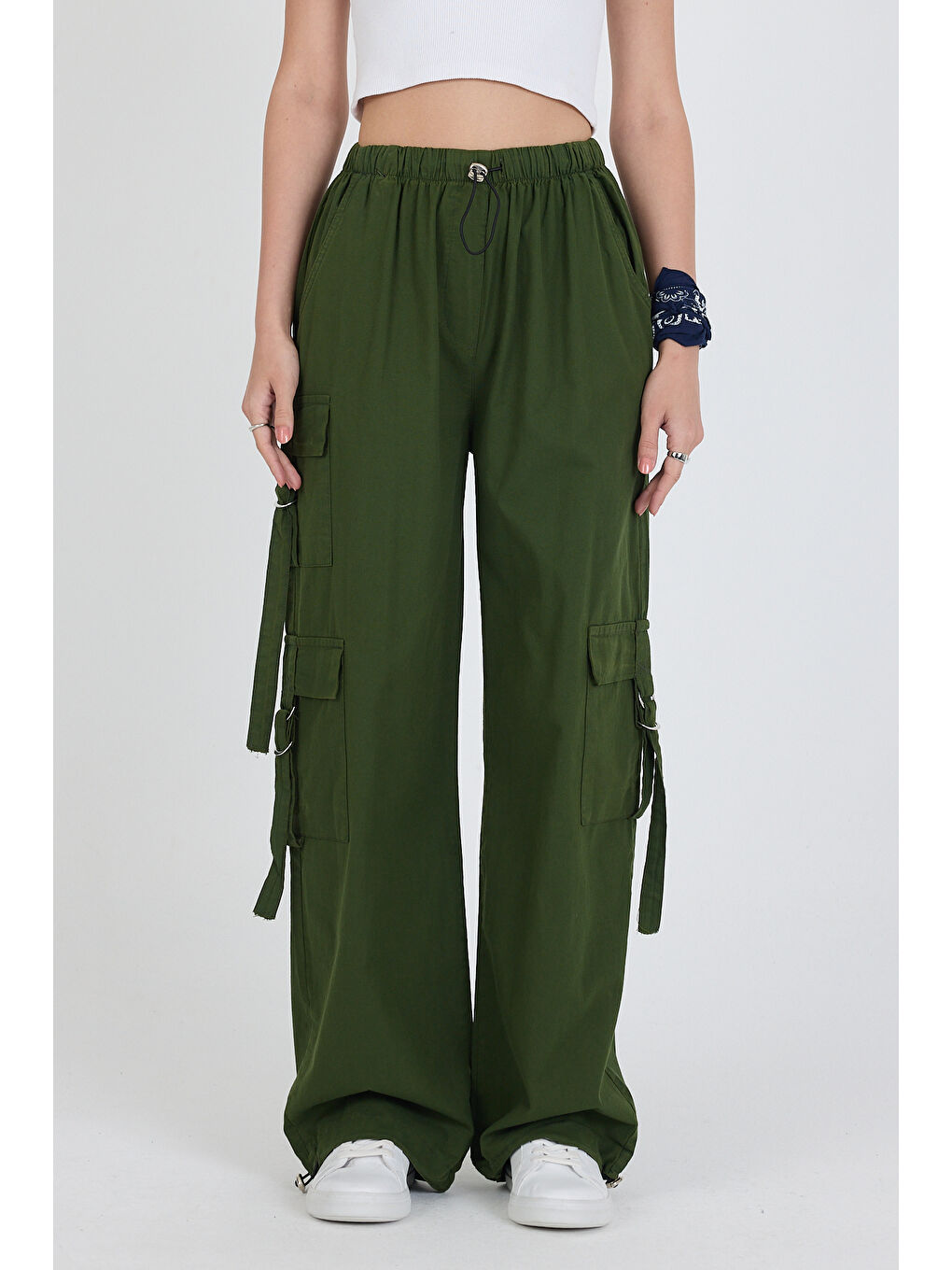 Haki Beli Lastikli 3 Cep Tokalı pamuk Kargo Cep Kadın Pantolon 1447-3