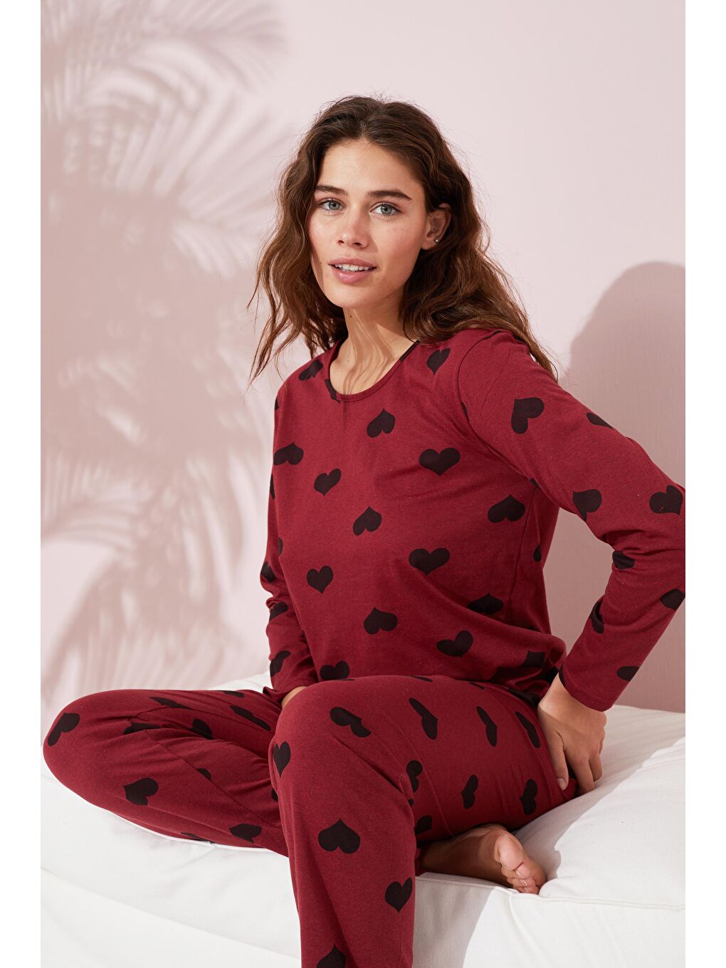 Bordo Siyah Kalp Desenli Pamuklu Pijama Takımı