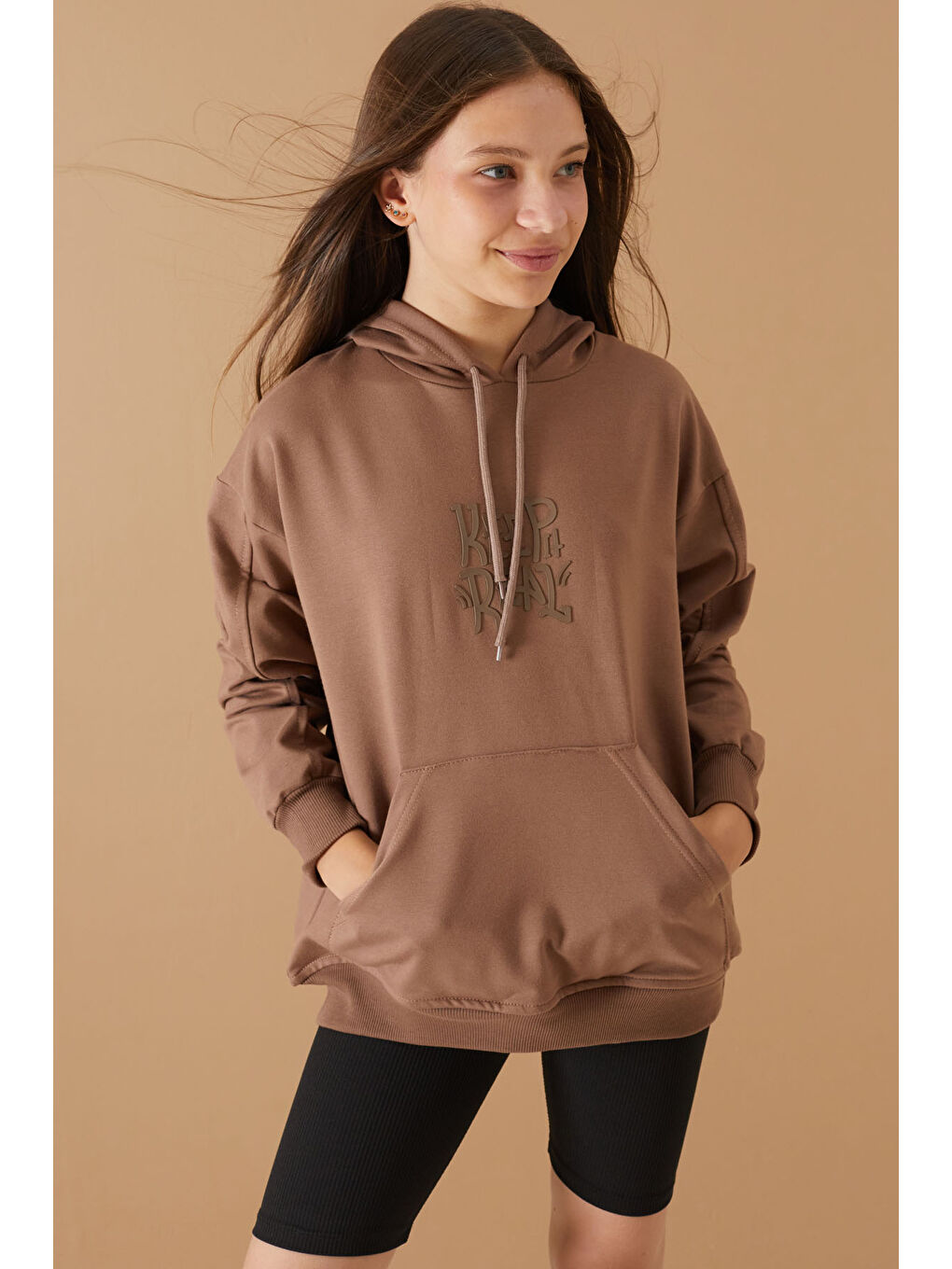 Cansın Mini Kahverengi Keep Read Baskılı Kız Çocuk Kapüşonlu Sweatshirt 19358