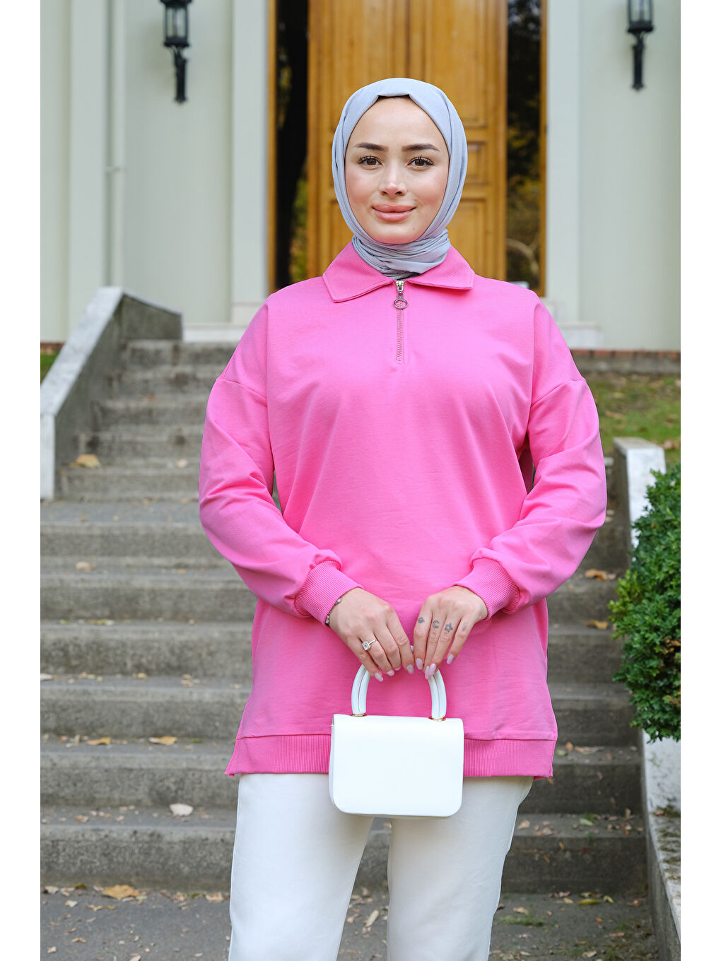 Locco Moda Pembe Yarım Fermuarlı Tunik Pembe