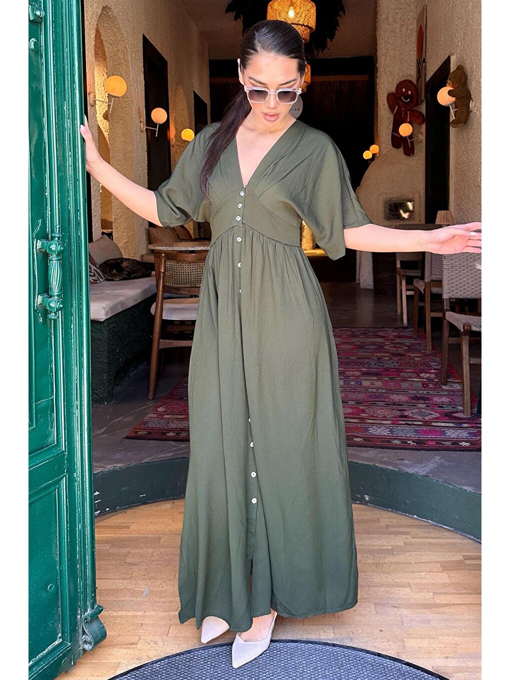 Haki V Yaka Düğmeli Elbise Mg2339-5