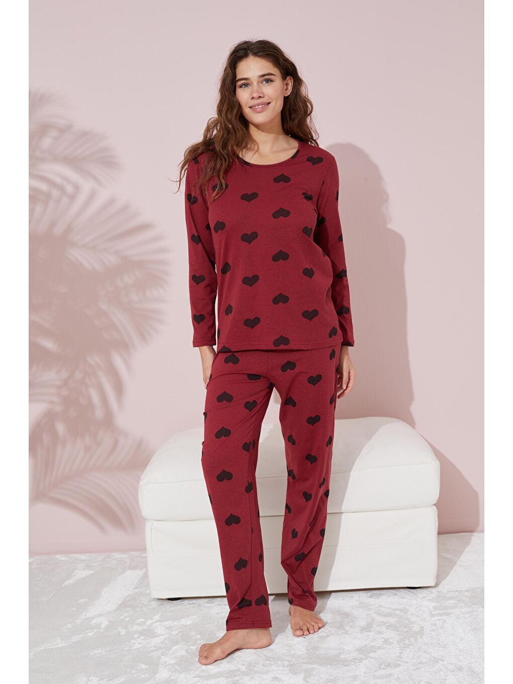 Bordo Siyah Kalp Desenli Pamuklu Pijama Takımı-1