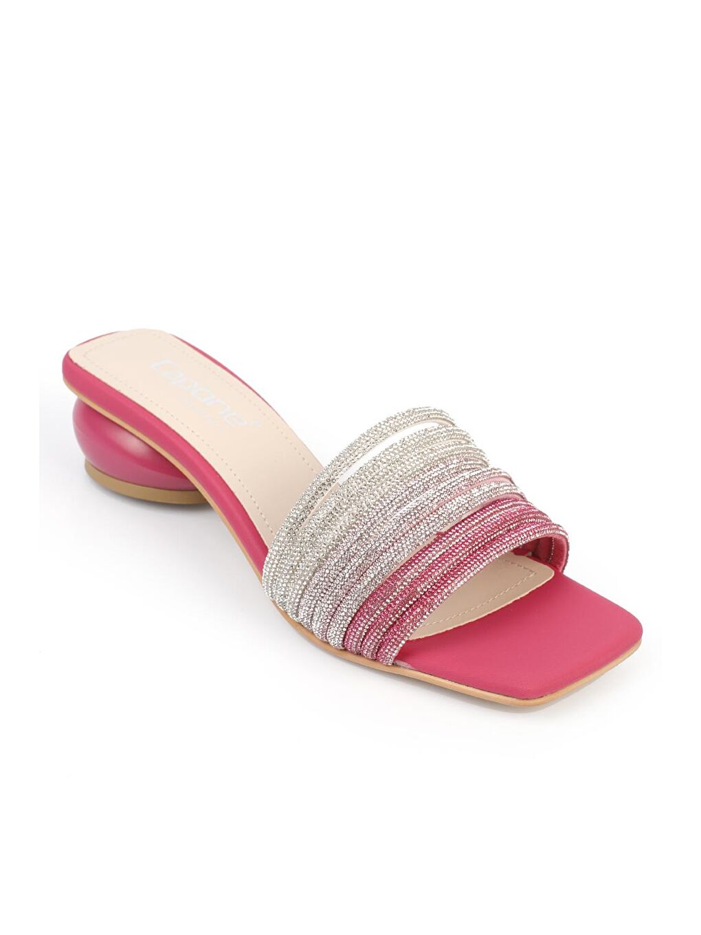 Fuşya Kısa Topuklu Taşlı Bantlı Küt Burunlu Kadın Terlik-2