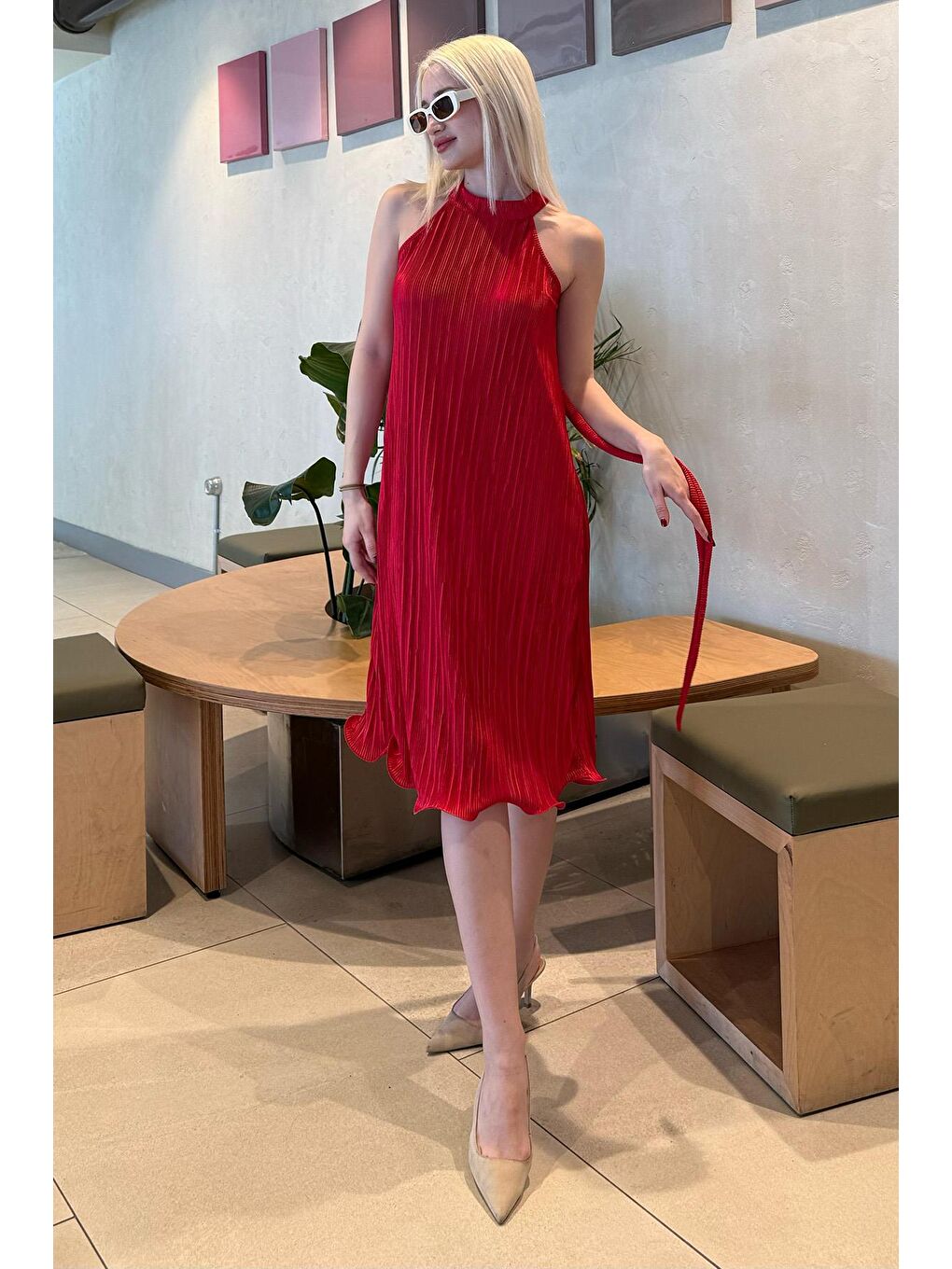 Kırmızı Halter Yaka Kadın Elbise Mg2351-4