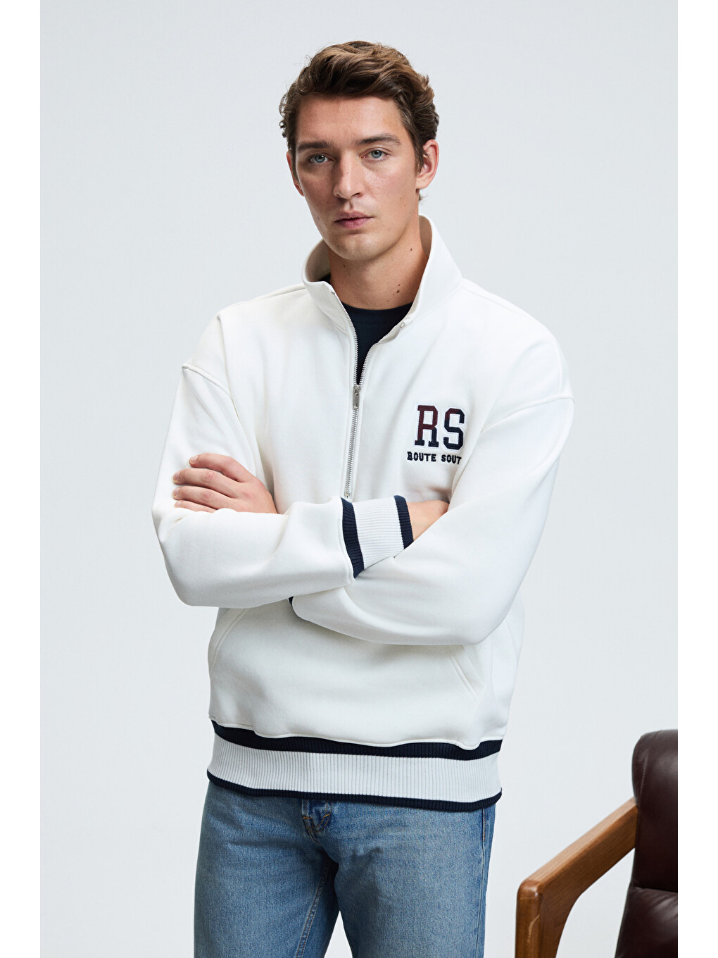 Plata Erkek Yarım Fermuarlı Kanguru Cepli Etek Ve Kolda Triko Detay Relaxed Fit Ekru Sweatshirt-1