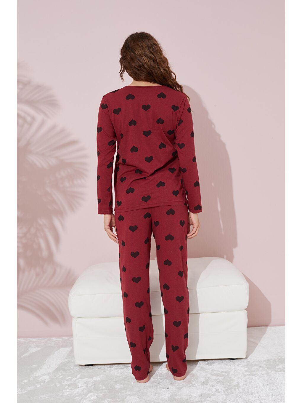 Bordo Siyah Kalp Desenli Pamuklu Pijama Takımı-2