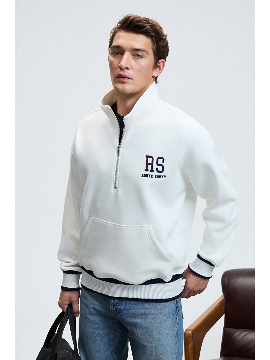 Plata Erkek Yarım Fermuarlı Kanguru Cepli Etek Ve Kolda Triko Detay Relaxed Fit Ekru Sweatshirt-2