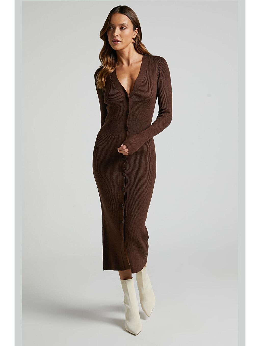 Kahverengi Düğmeli V Yaka Uzun Triko Elbise Mg1703