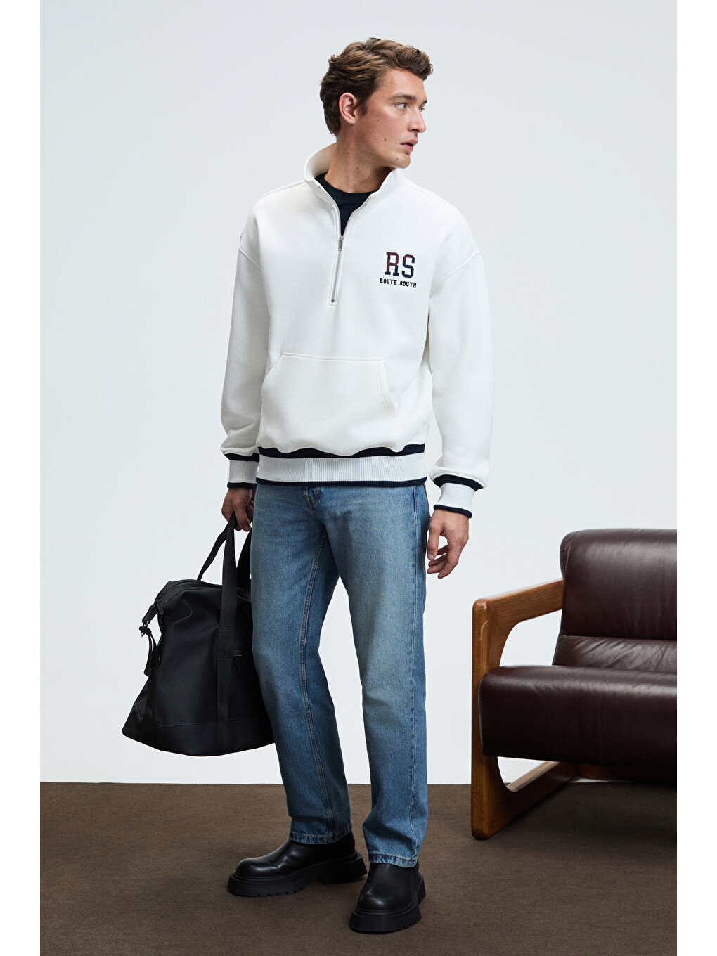 Plata Erkek Yarım Fermuarlı Kanguru Cepli Etek Ve Kolda Triko Detay Relaxed Fit Ekru Sweatshirt-3