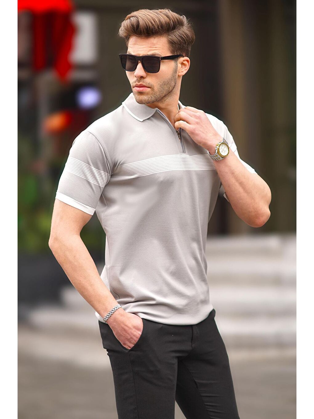 Gri Fermuar Detaylı Polo Yaka Erkek Tişört 6879-1