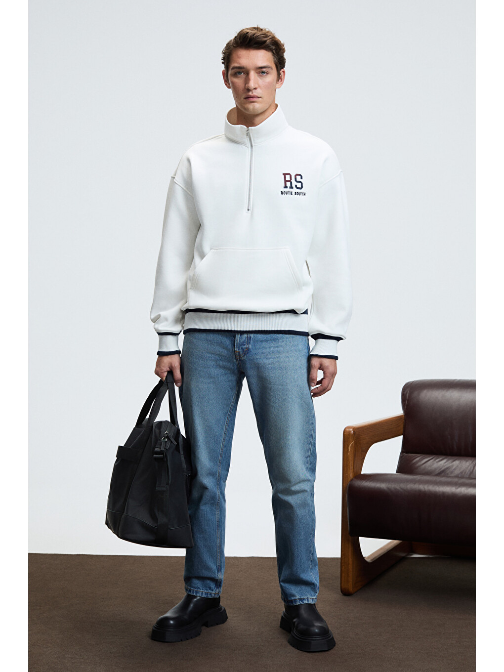 Plata Erkek Yarım Fermuarlı Kanguru Cepli Etek Ve Kolda Triko Detay Relaxed Fit Ekru Sweatshirt-4