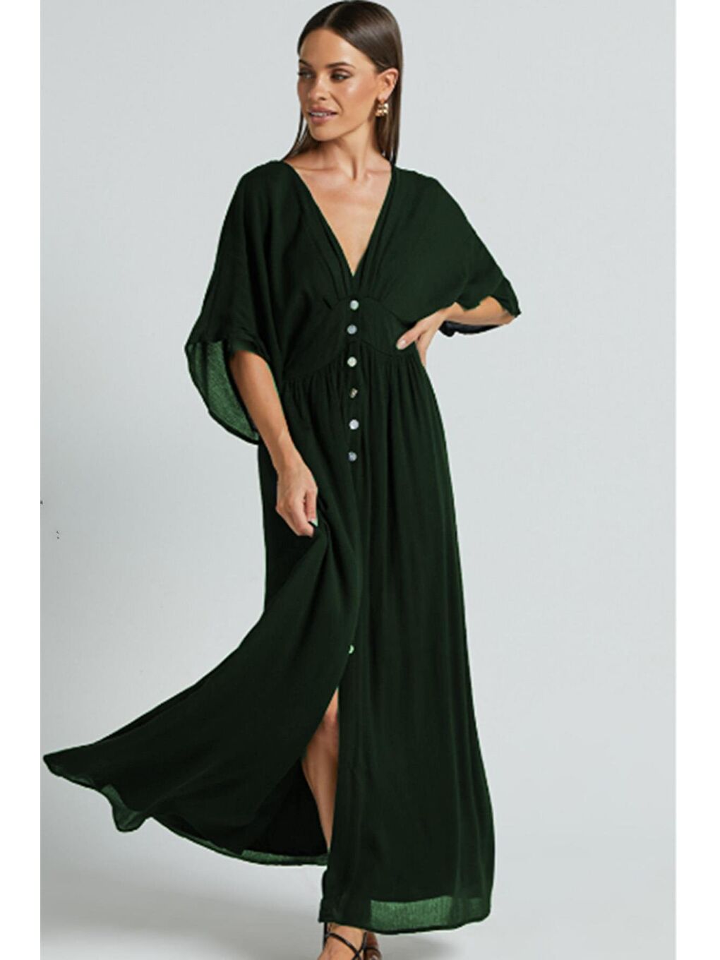 Haki V Yaka Düğmeli Elbise Mg2339-6