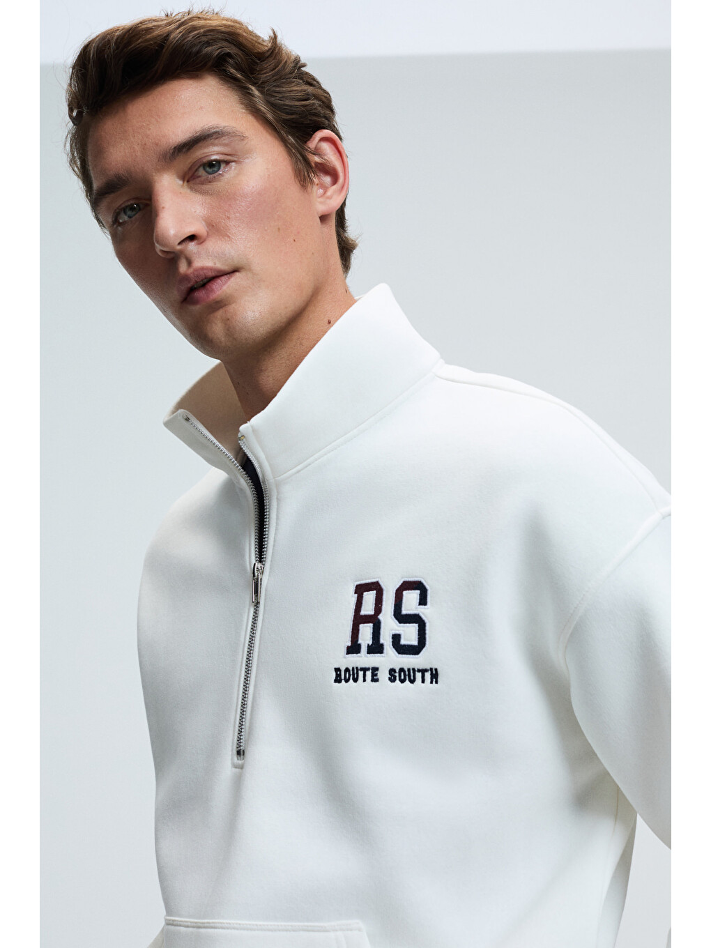 Plata Erkek Yarım Fermuarlı Kanguru Cepli Etek Ve Kolda Triko Detay Relaxed Fit Ekru Sweatshirt-5