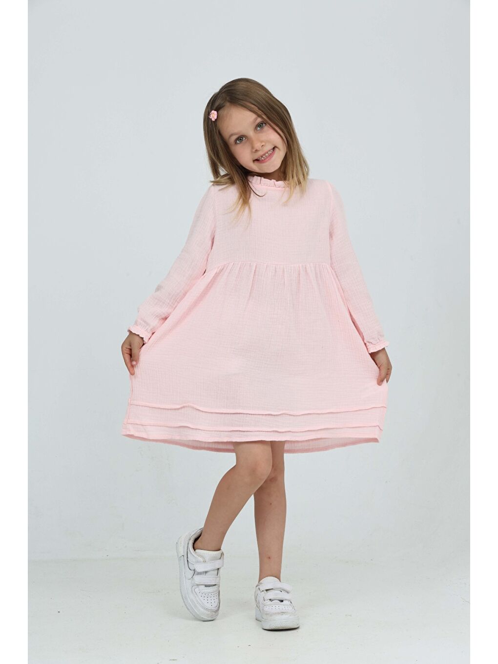 Pembe Kız Çocuk Yaka Fırfırlı Elbise-1