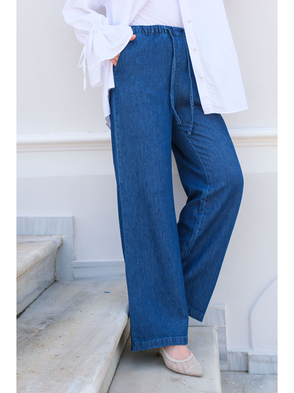 Bel Lastikli Bol Pantolon Koyu Mavi-1