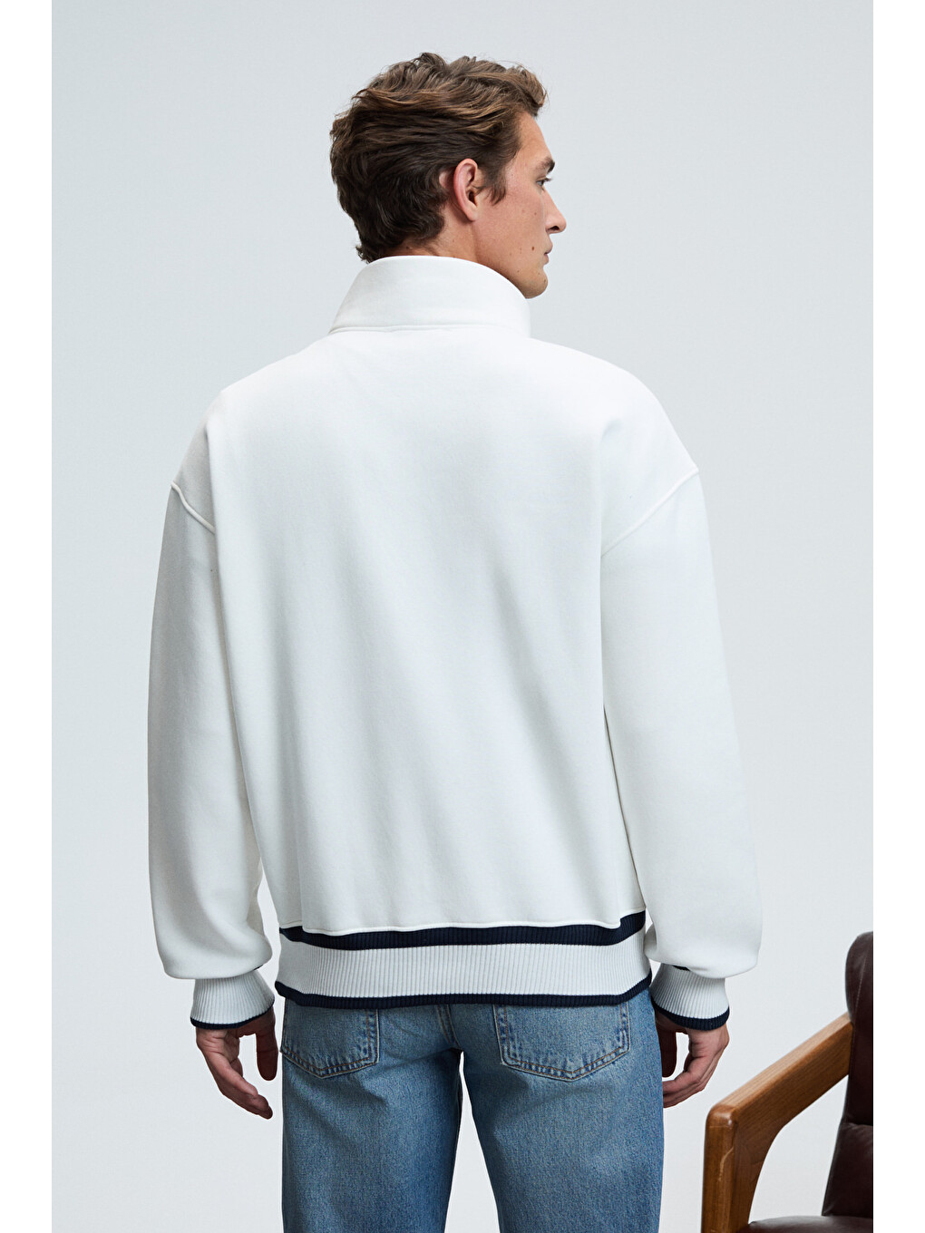 Plata Erkek Yarım Fermuarlı Kanguru Cepli Etek Ve Kolda Triko Detay Relaxed Fit Ekru Sweatshirt-6