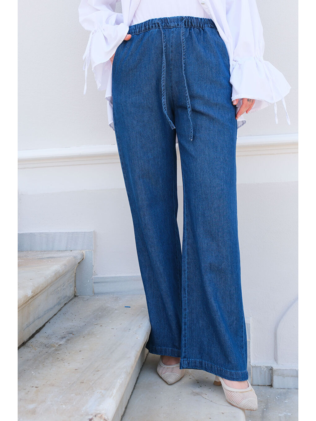 Bel Lastikli Bol Pantolon Koyu Mavi-2