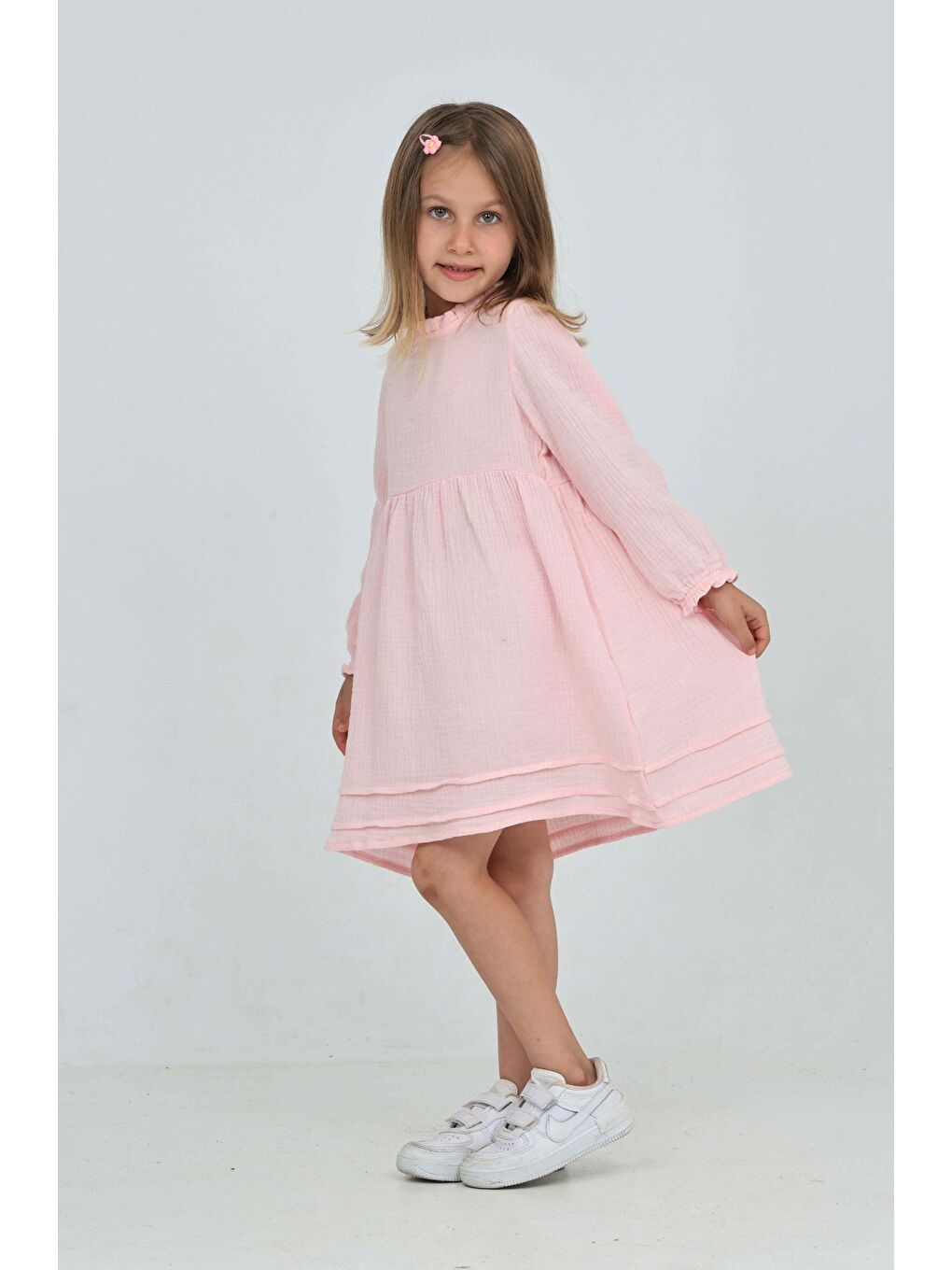Pembe Kız Çocuk Yaka Fırfırlı Elbise-3