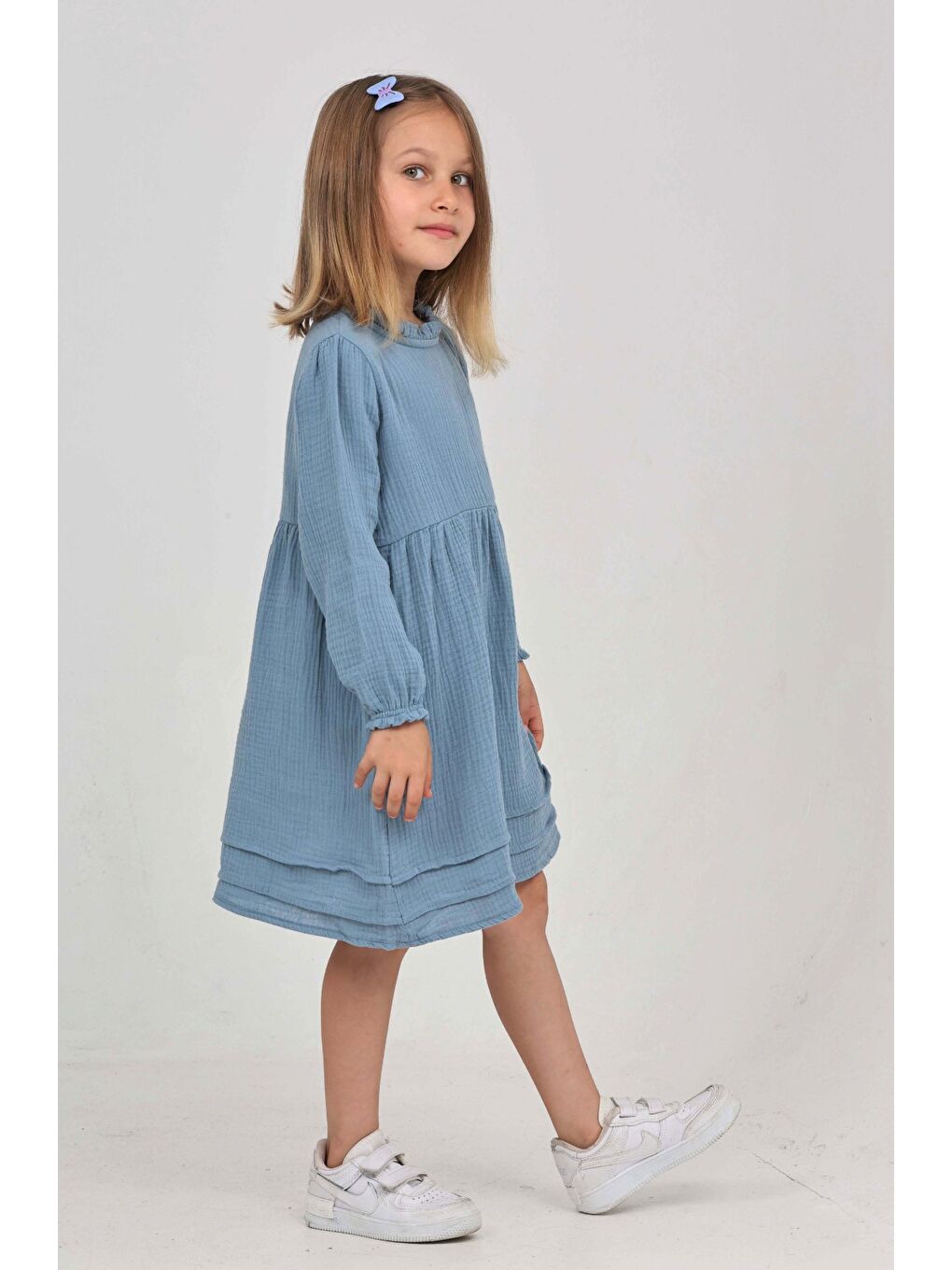 İndigo Kız Çocuk Yaka Fırfırlı Elbise-1