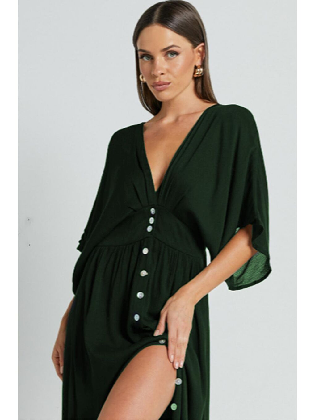 Haki V Yaka Düğmeli Elbise Mg2339-7