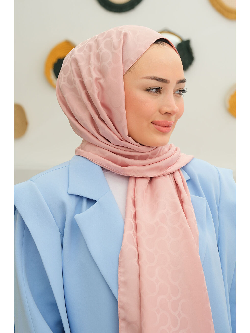 Locco Moda Pembe Karışık Desen Jakar Şal Pudra - 2