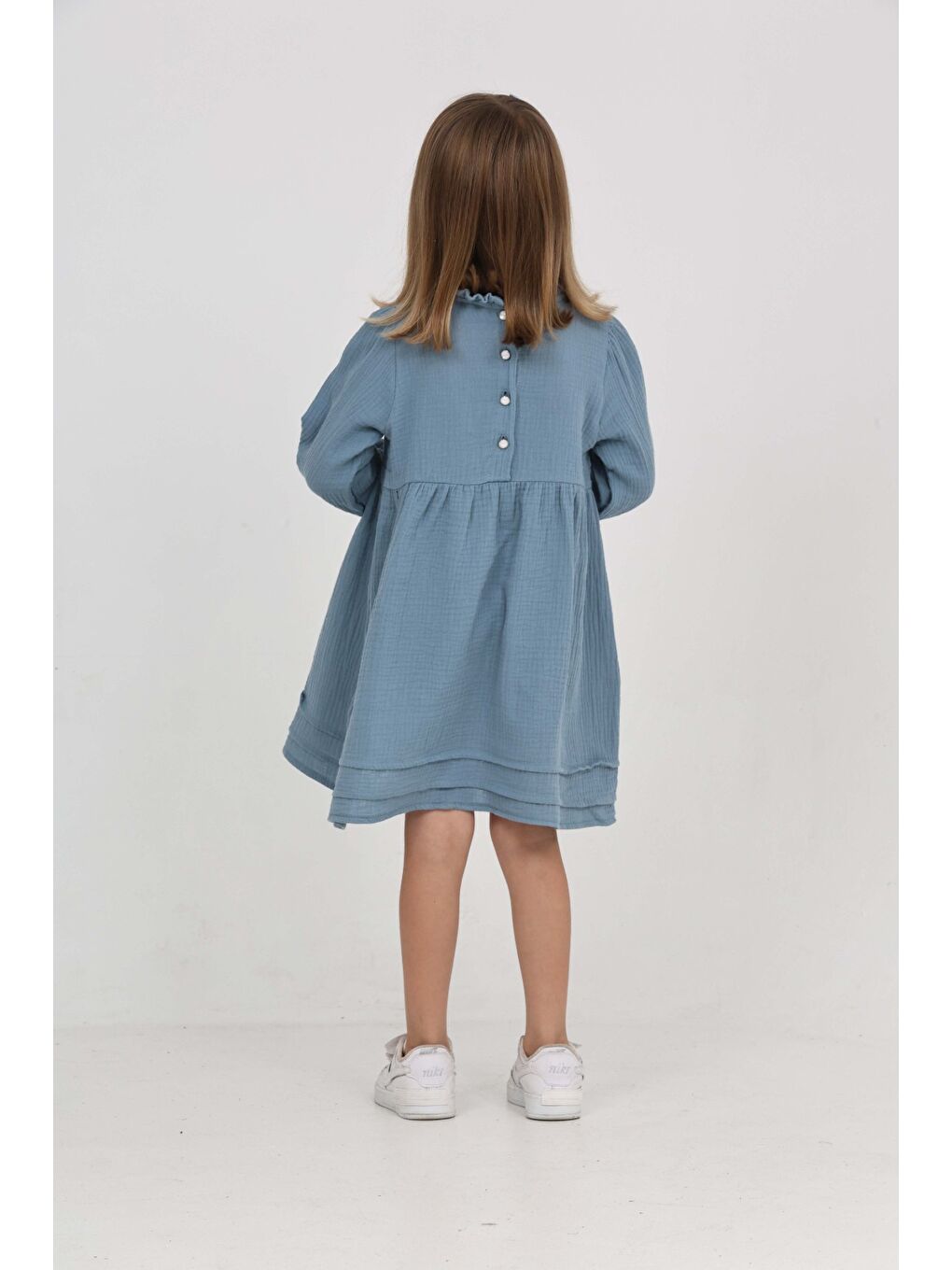 İndigo Kız Çocuk Yaka Fırfırlı Elbise-3
