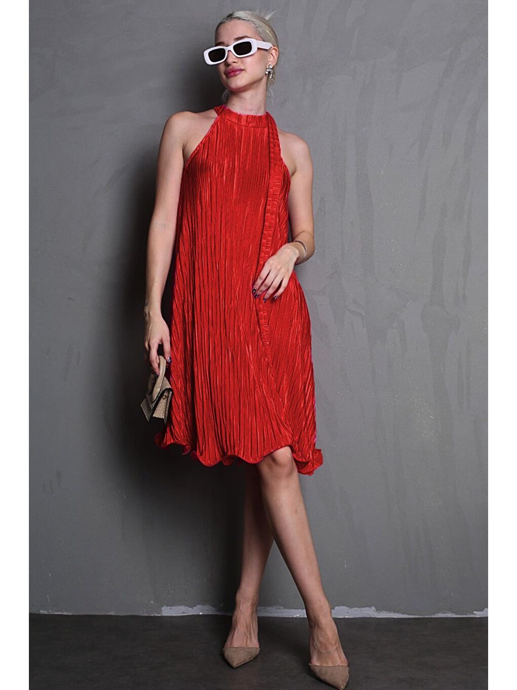 Kırmızı Halter Yaka Kadın Elbise Mg2351-5