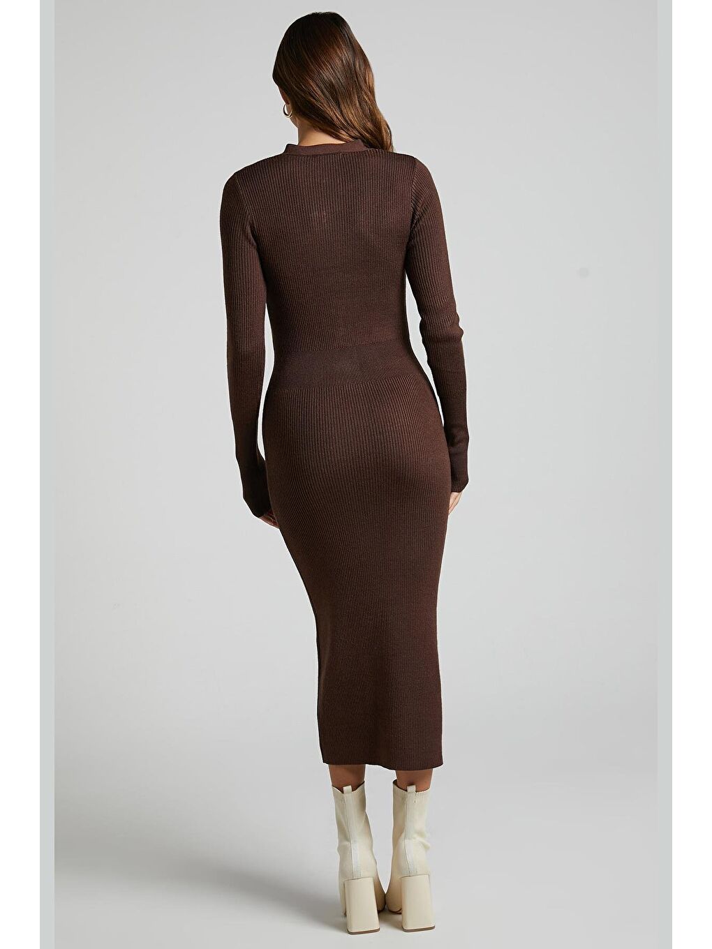 Kahverengi Düğmeli V Yaka Uzun Triko Elbise Mg1703-2