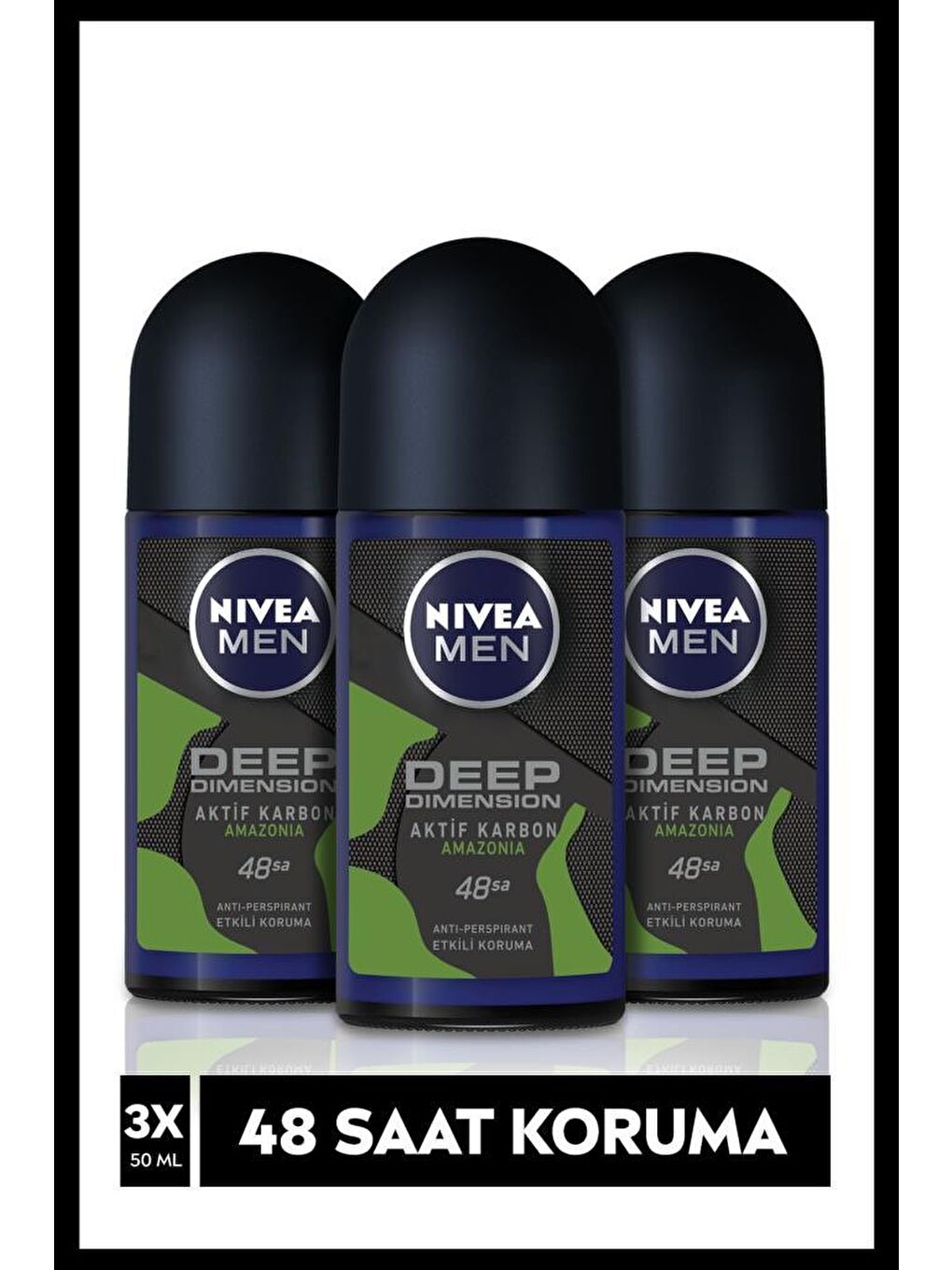 NIVEA Şeffaf Men Erkek Roll On Deodorant Amazonia 50 ml X3 Adet, Aktif Karbon Ile 48 Saat Anti-Perspirant Koruma