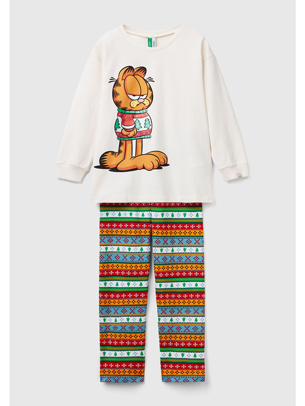 United Colors Of Benetton Ekru Kız Çocuk Krem Garfield Baskılı Kazak ve Çizgili Eşofman Altı Pijama Takımı