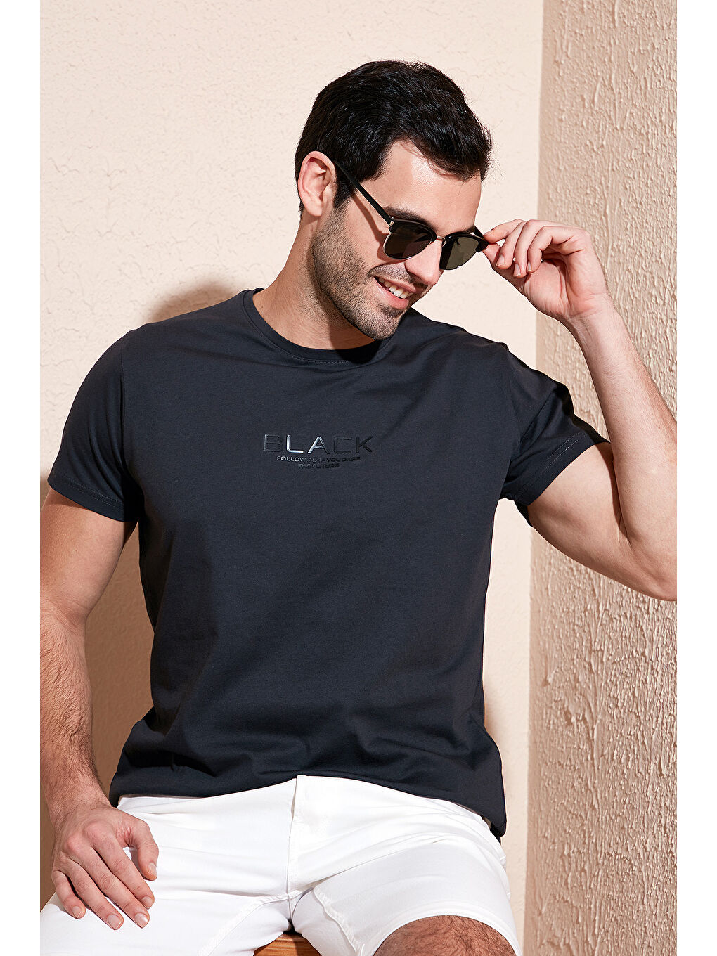 Antrasit Baskılı Bisiklet Yaka % 100 Pamuk Slim Fit Erkek Tişört 541FOLLOW