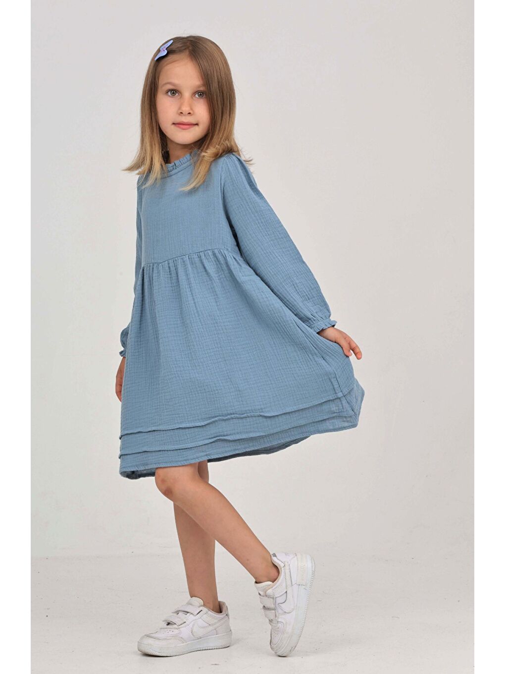 İndigo Kız Çocuk Yaka Fırfırlı Elbise-4