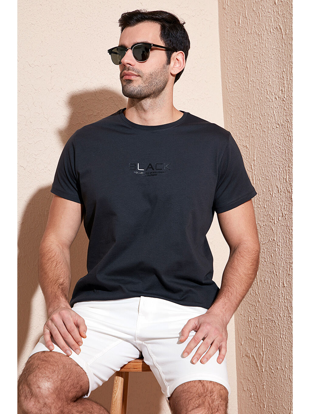 Antrasit Baskılı Bisiklet Yaka % 100 Pamuk Slim Fit Erkek Tişört 541FOLLOW-5