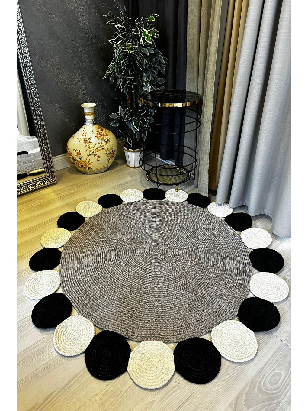 Bej Natural Jüt Halı El Dokuma Hasır Yolluk Bohem Jüt Kilim HMFJUT428 120 x 120 cm-1