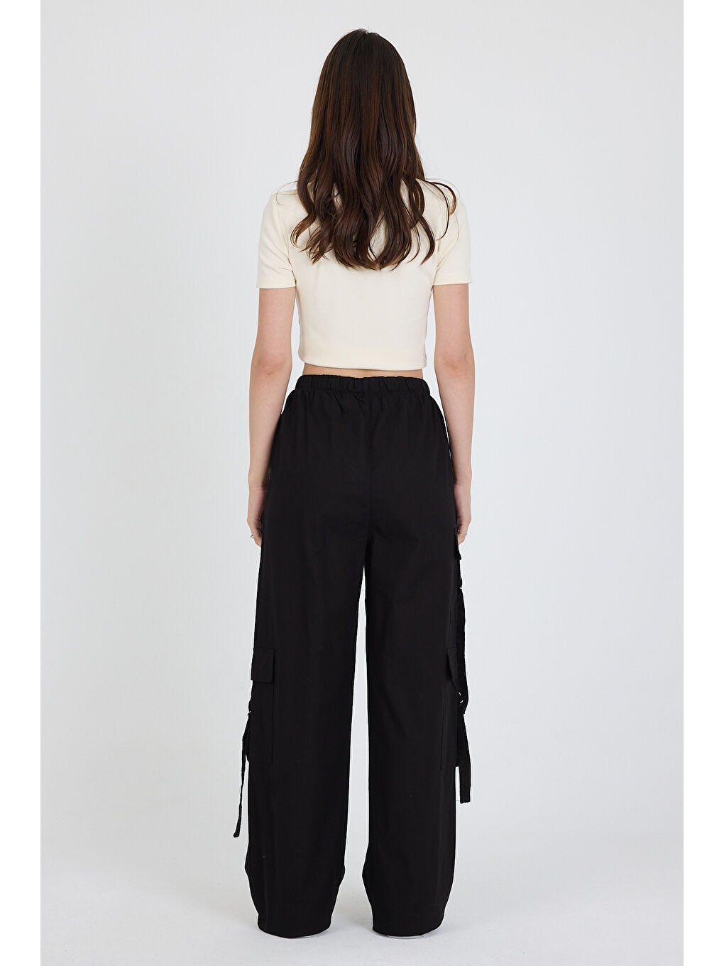 Siyah Beli Lastikli 3 Cep Tokalı %100 pamuk Kargo Cep Kadın Pantolon 1447-4