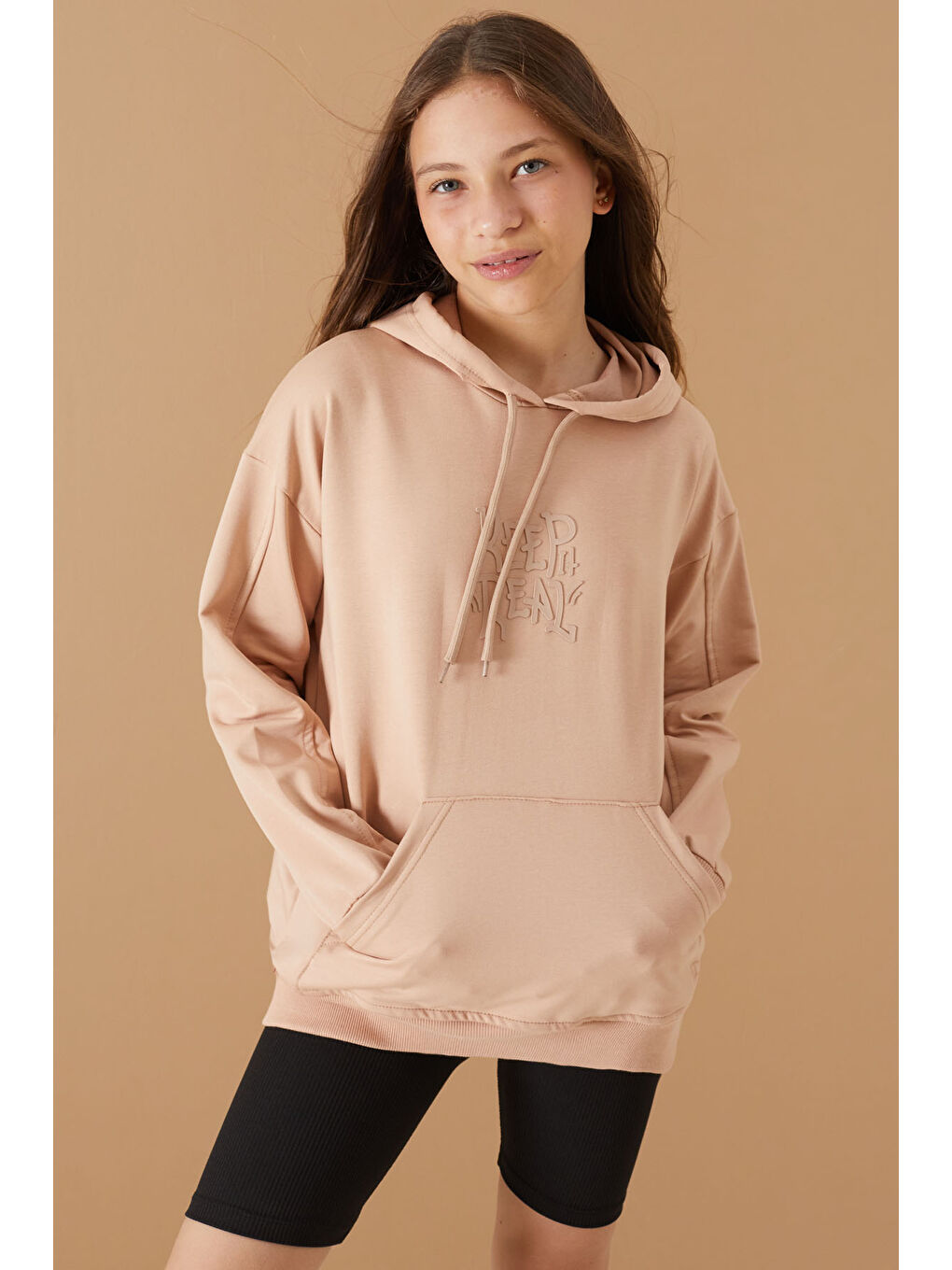 Cansın Mini Bej Keep Read Baskılı Kız Çocuk Kapüşonlu Sweatshirt 19356