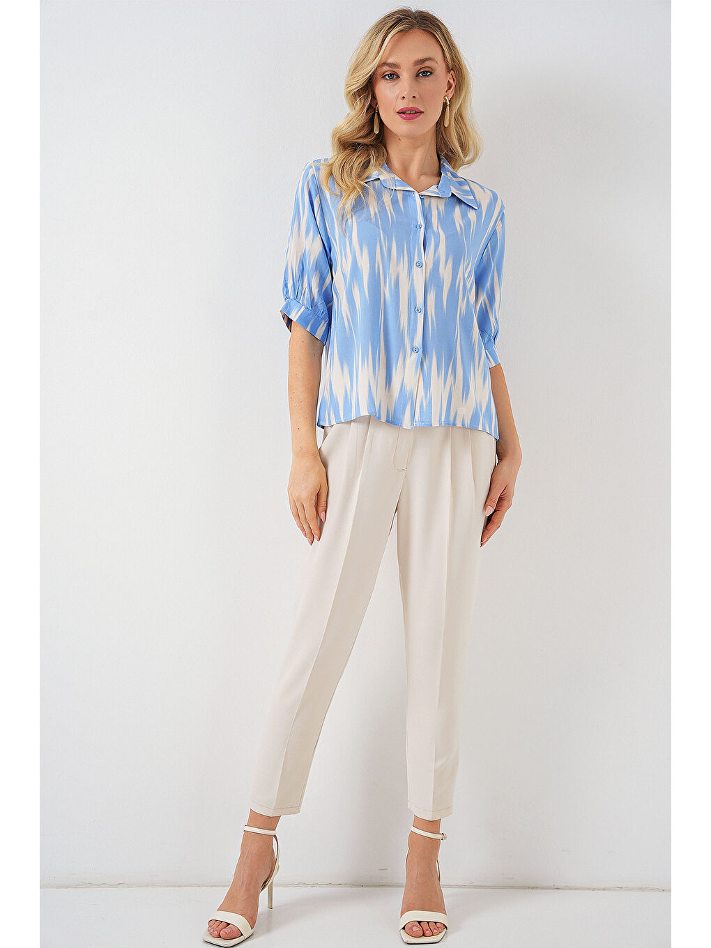 Kadın Desenli Kısa Kol Crop Gömlek 20337 - Mavi-1