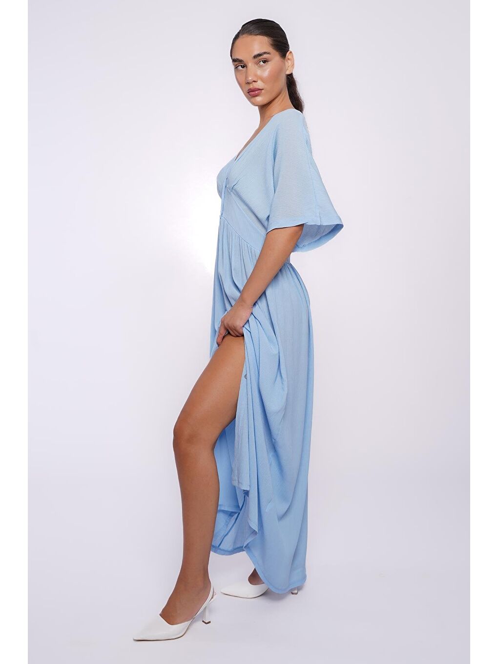 Bebe Mavisi V Yaka Düğmeli Elbise Mg2339-8