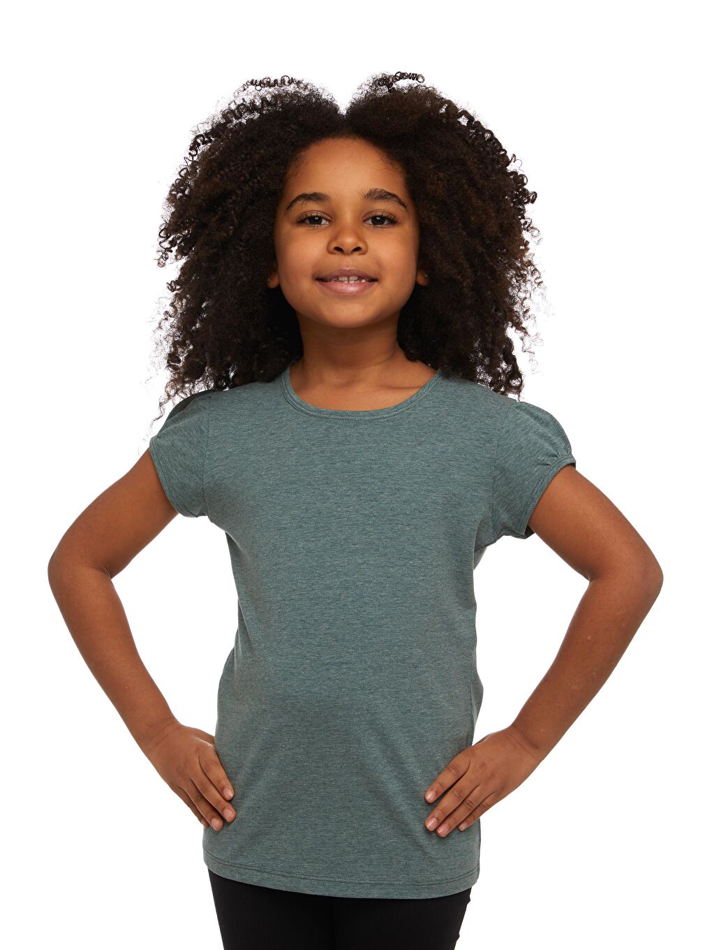 Koyu Yeşil Melanj Kız Çocuk Kısa Kollu Basıc Tişört